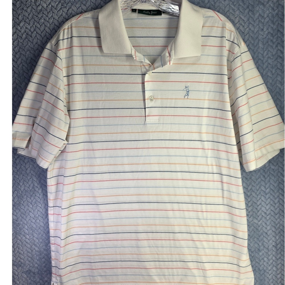 Bobby Jones Mens M Short Sleeve Golf Polo Shirt Cream White‎ Striped Cotton M
